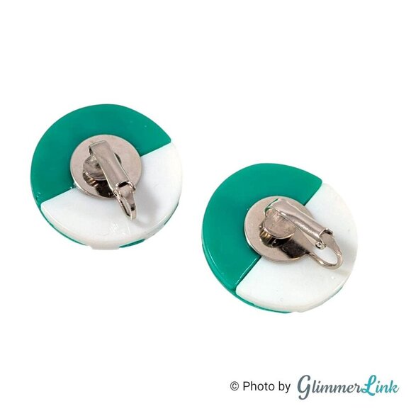 Vintage Round Striped Lucite Green & White Silver Tone Clip On Earrings - Picture 7 of 11